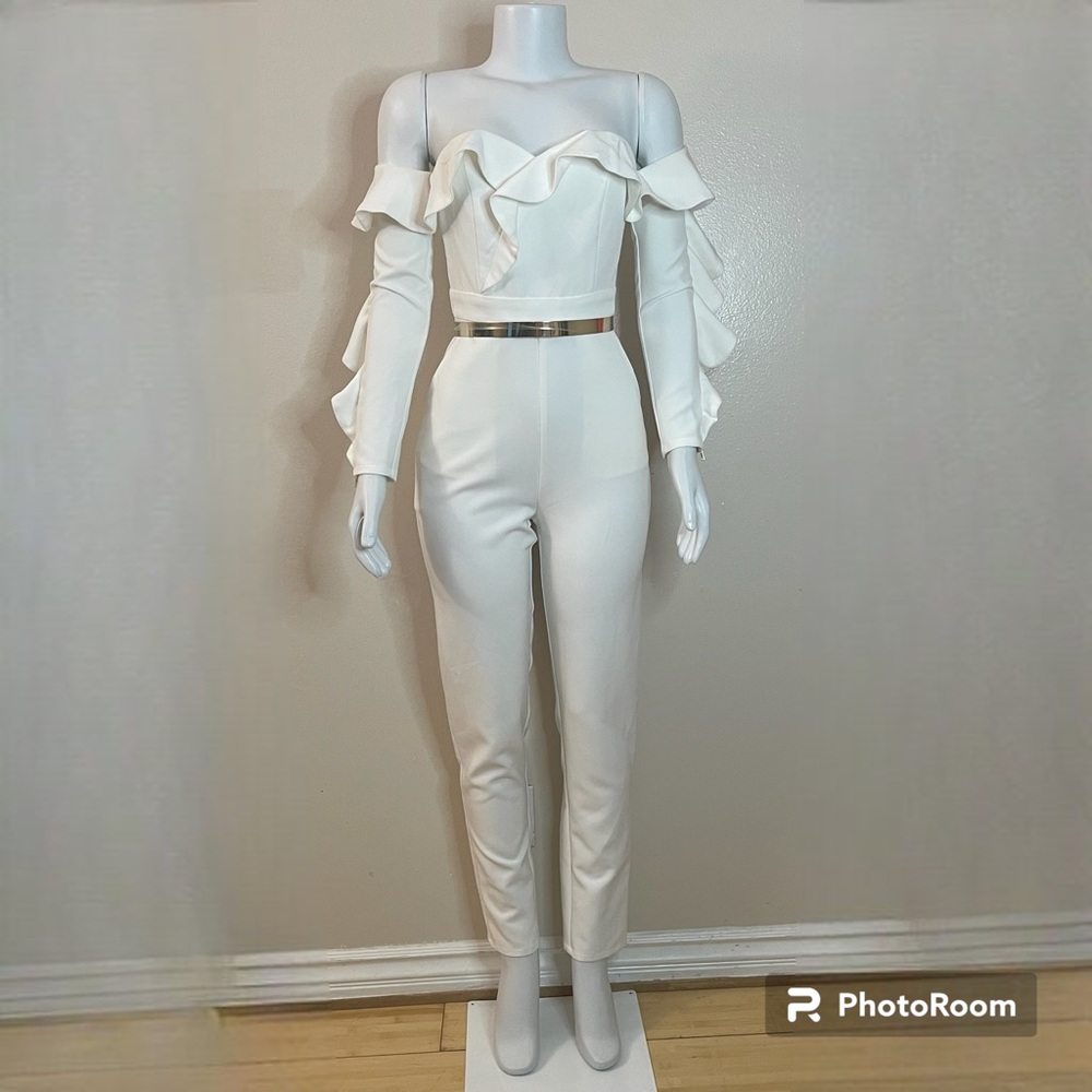 White off the shoulder long sleeve ruffle trim belted jumpsuit